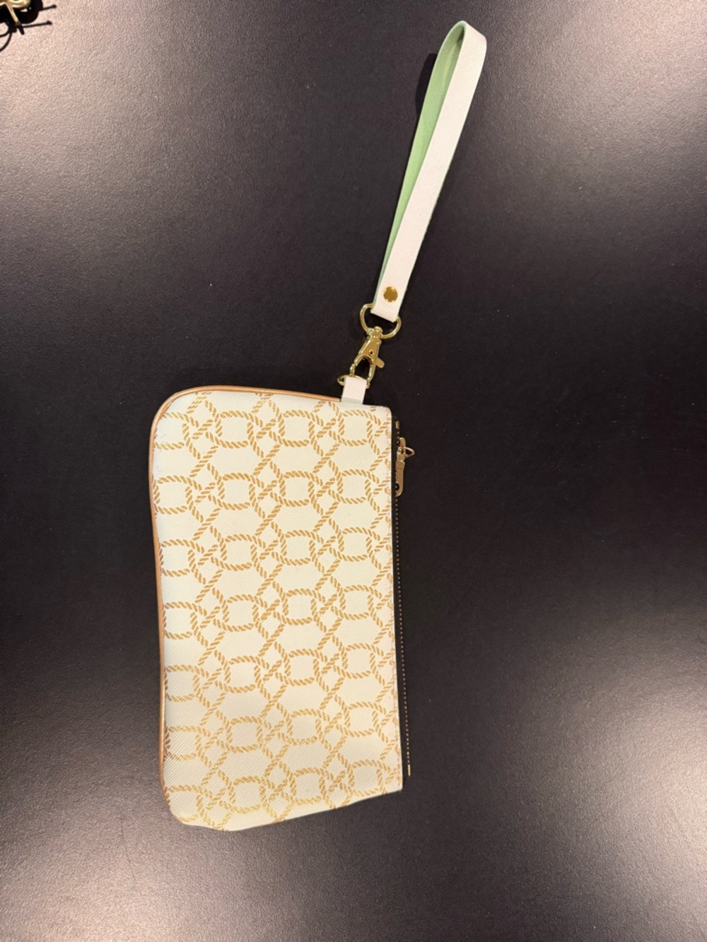 Gold and Green Zip Wristlet Pouch with Gold-Tone Zipper. Like New.